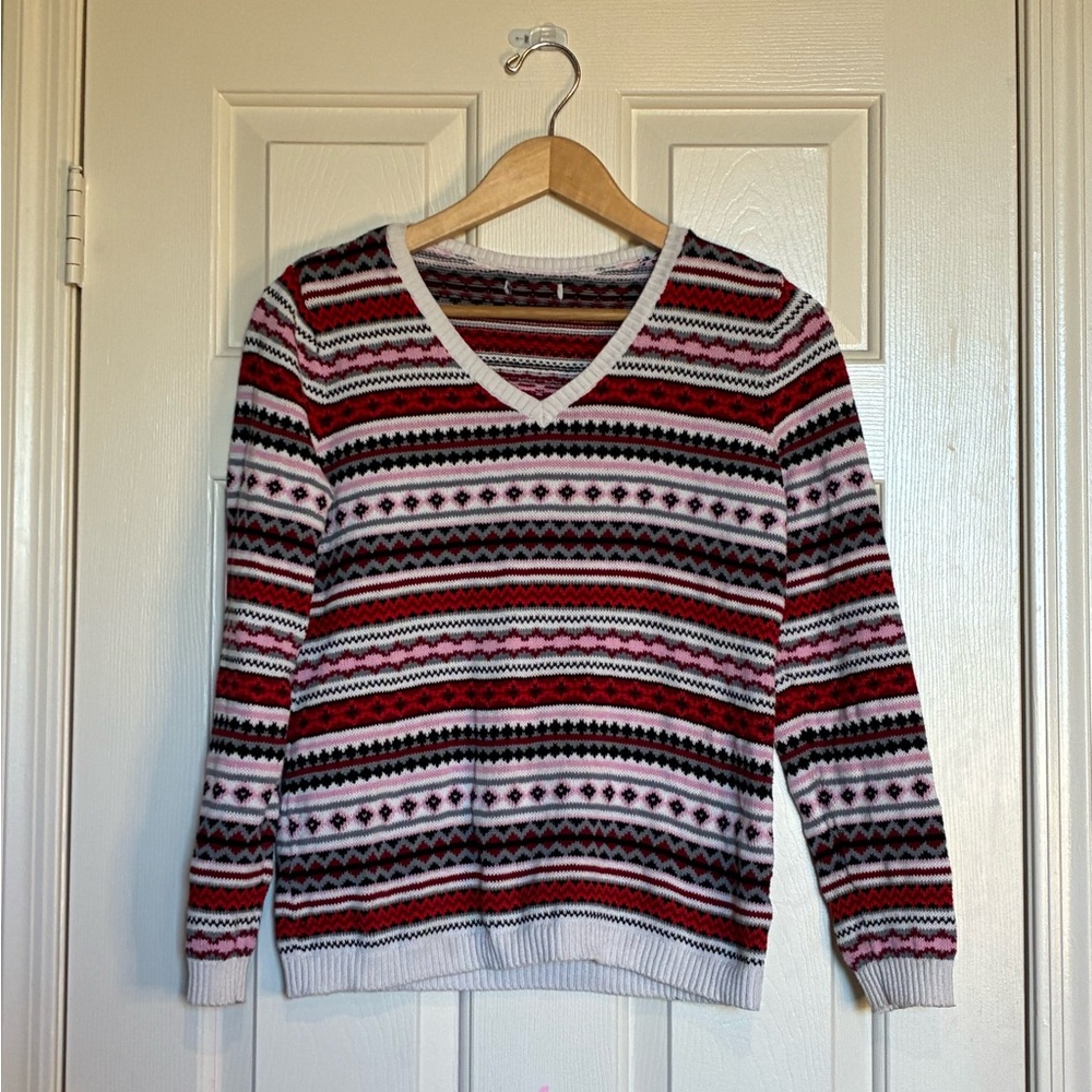 Stylish V-Neck Sweater in Red, Black, and White